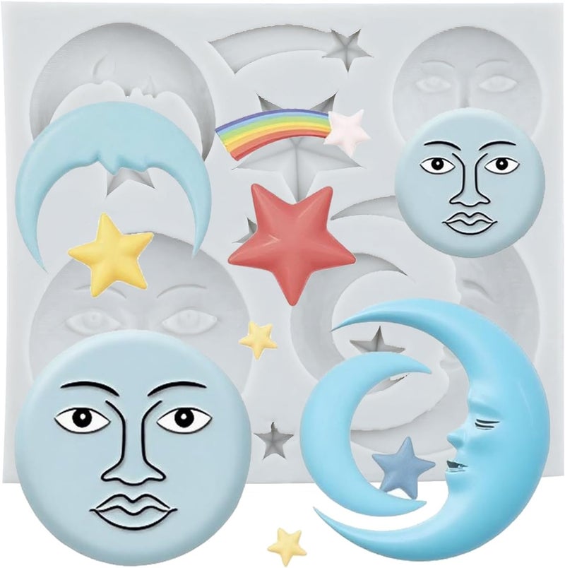 TAOXIBEI Star Sun Moon Face Silicone Mold Sun Face Polymer Clay Molds for DIY Crafts Air Dry Plaster Polymer Clay Epoxy Resin Casting Jewelry Making - Image 1